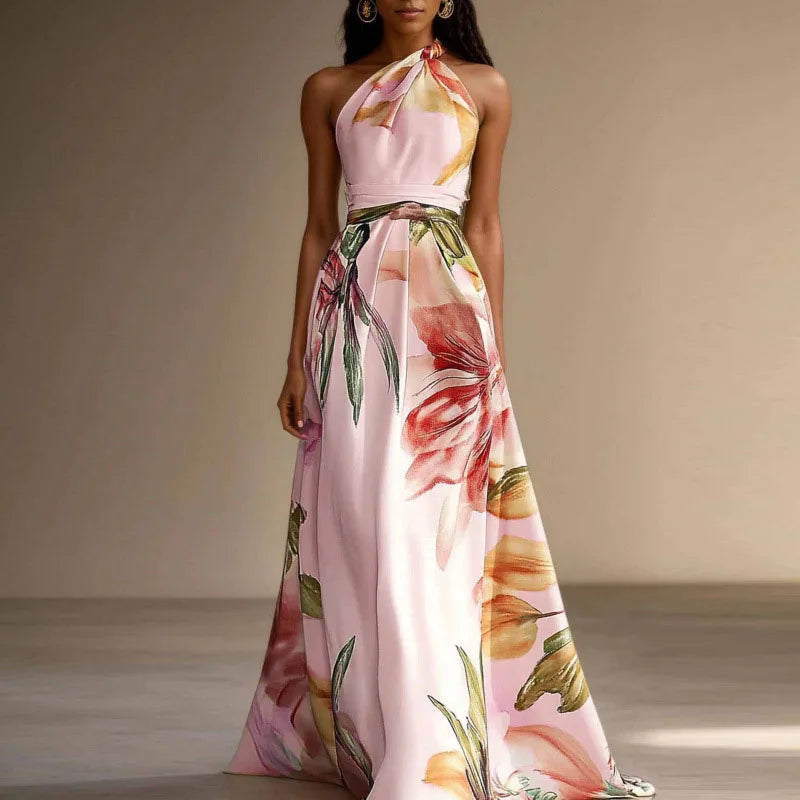 Floral Halter Maxi Dress – Tie Neck A-Line Dress with Fitted Waist and Flowing Skirt for Vacations, Weddings, Brunch & Summer Events
