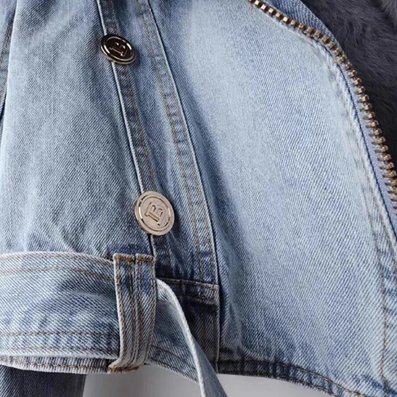 Faux Fur Trim Denim Jacket, Cropped Hooded Jacket with Plush Collar and Cuffs, Casual Winter Outerwear