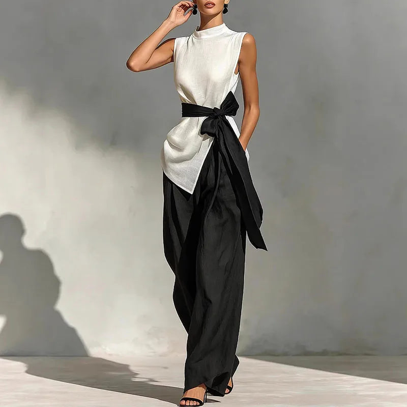 Sleeveless Satin Top & Wide Leg Pants Co-Ord Set with Waist Tie | Elegant Two Piece Outfit | Chic Evening & Formal Matching Set