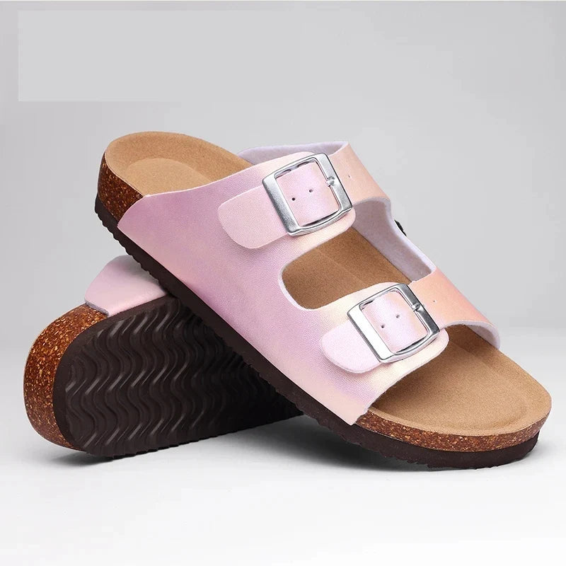 Double Buckle Slide Sandals | Cork Footbed Casual Sandals | Comfortable Open Toe Summer Shoes