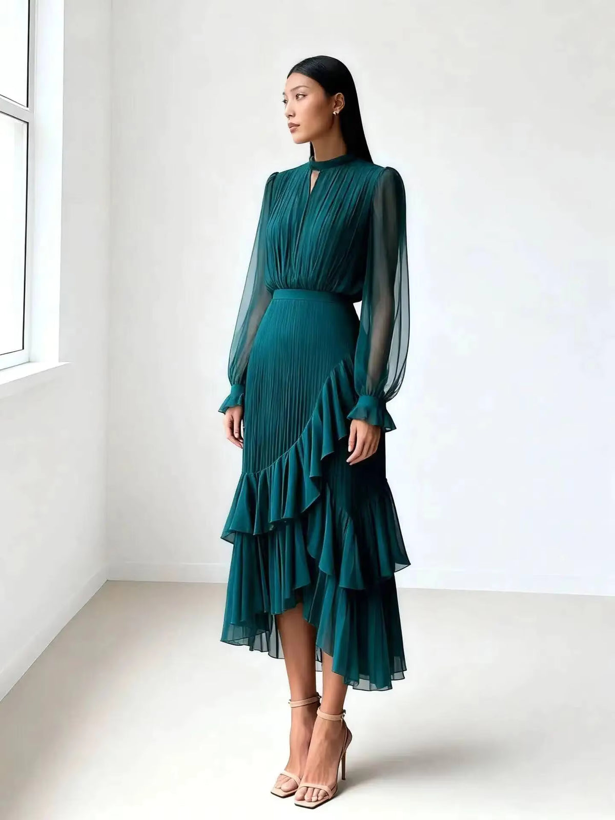 Pleated Ruffle Midi Dress – Long Sleeve Chiffon Dress with High Neckline, Keyhole Detail, Balloon Sleeves and Asymmetrical Tiered Hem