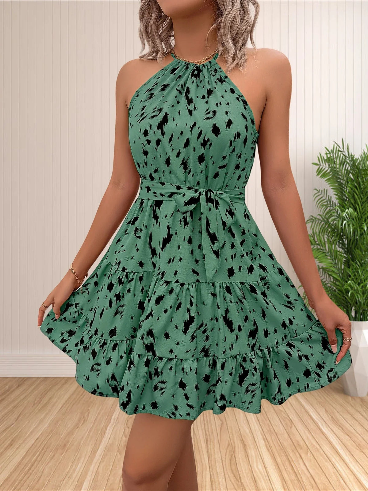 Leopard Print Mini Dress – Sleeveless Halter Neck Fit and Flare Dress with Ruched Waist and Flowy Skirt for Vacations & Summer Parties
