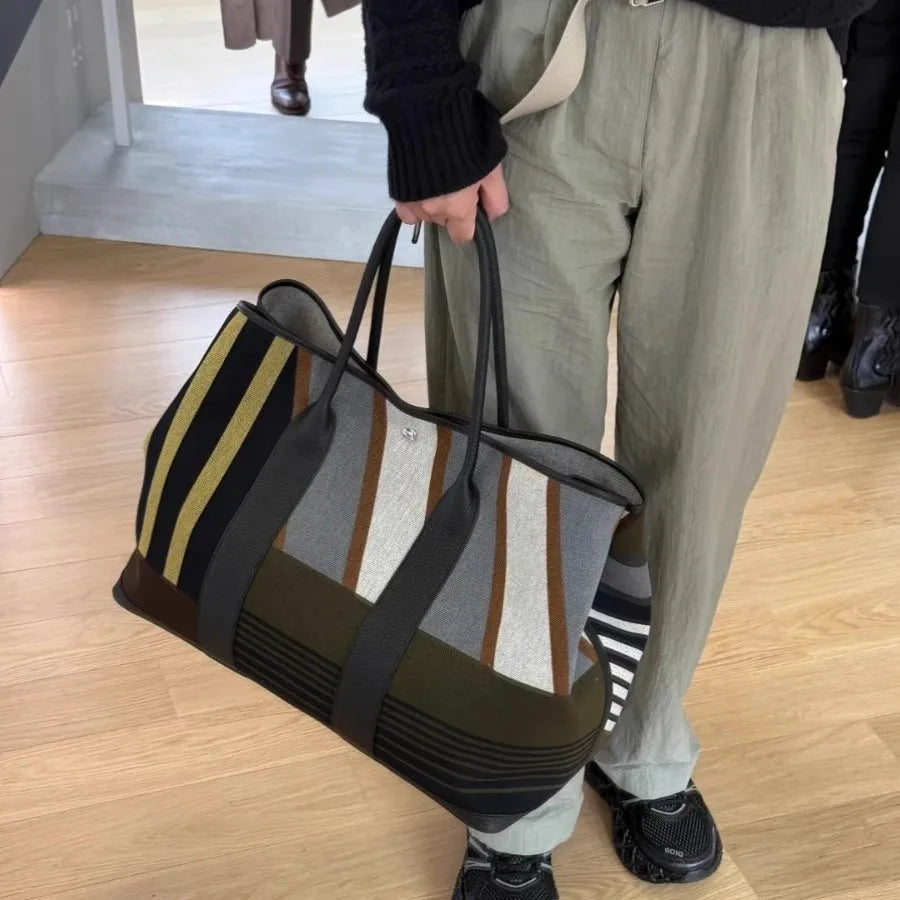Large Striped Tote Bag, Color Block Shoulder Handbag, Spacious Casual Travel Purse with Long Handles for Work, Shopping & Everyday Use