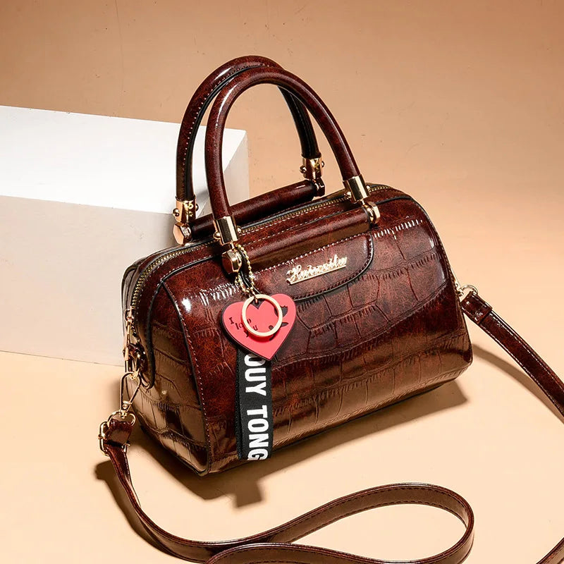 Women's Boston Bag, Crocodile Embossed Leather Handbag, Vintage Top Handle Satchel with Adjustable Crossbody Strap & Charm