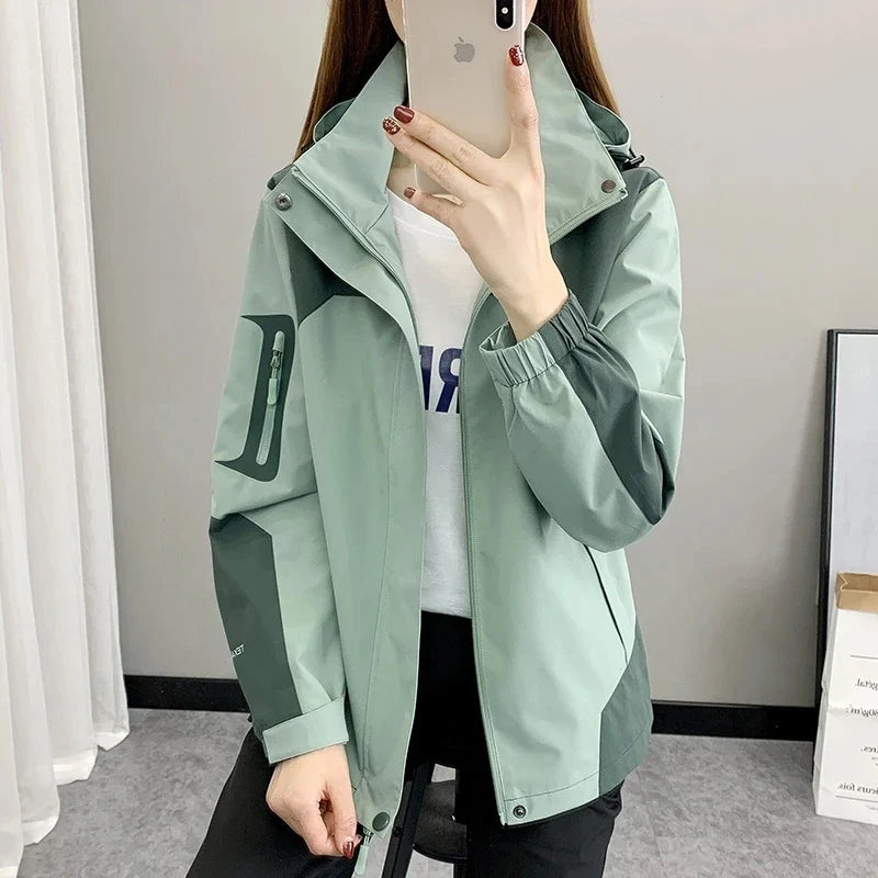 Hooded Windbreaker Jacket, Lightweight Zip-Up Outdoor Jacket with High Collar, Elastic Cuffs and Utility Pockets, Casual Activewear