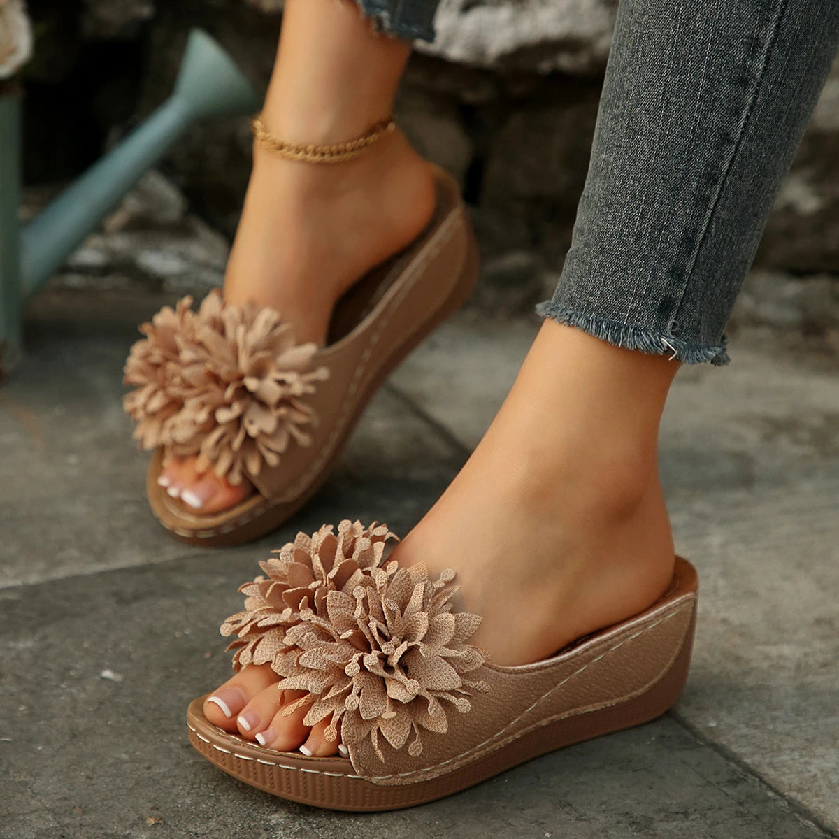 Floral Platform Sandals | Flower Embellished Wedge Slides | Open Toe Summer Vacation Shoes