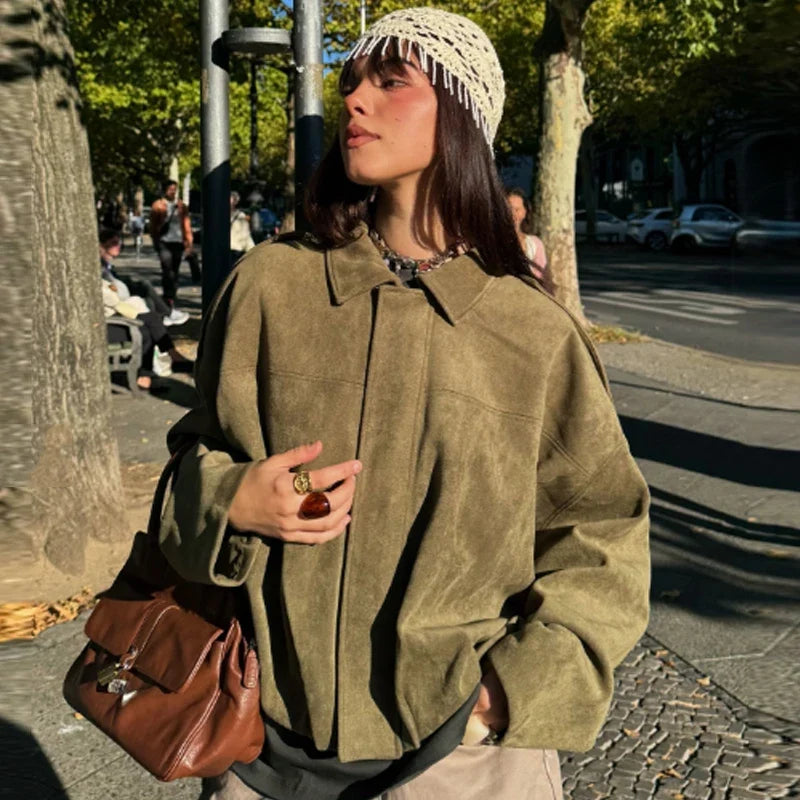 Oversized Faux Suede Jacket, Relaxed Fit Zip-Up Jacket with Stand Collar and Soft Draped Silhouette, Chic Casual Streetwear