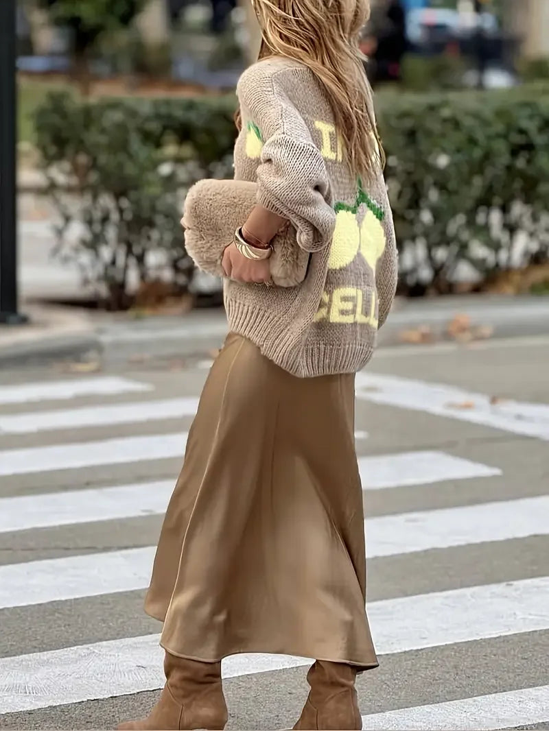 Lemon Graphic Knit Cardigan Jacket, Oversized Crew Neck Sweater with Fruit Motif, Cozy Casual Fall Winter Outerwear