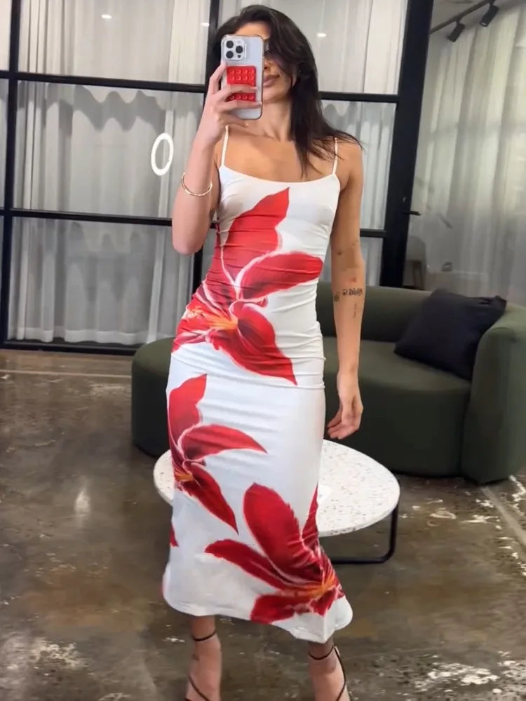 Floral Maxi Dress – Spaghetti Strap Bodycon Dress with Square Neck, Abstract Botanical Print and Figure-Hugging Silhouette for Beach Vacations