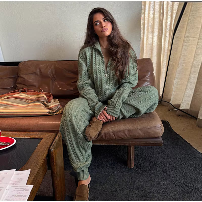 Cable Knit Sweater &amp; Wide Leg Pants Co-Ord Set | Oversized Two Piece Knit Outfit | Cozy Fall &amp; Winter Lounge Matching Set