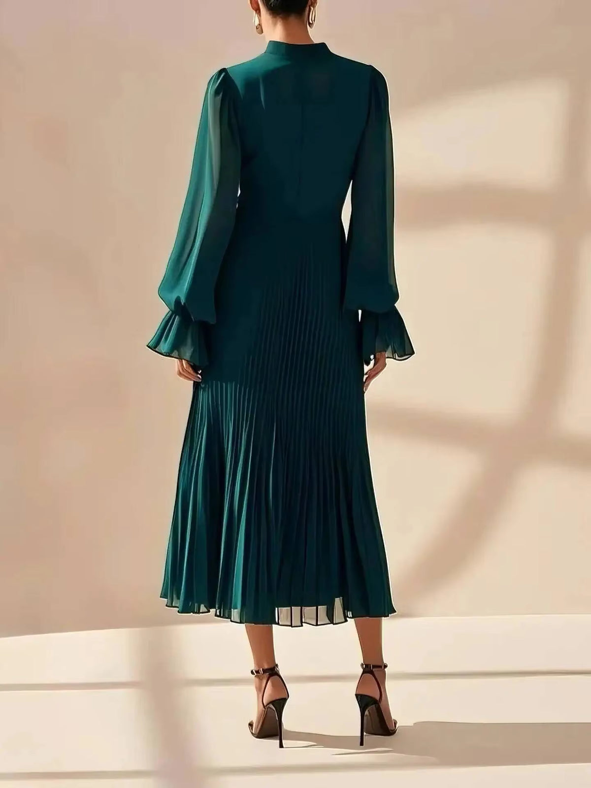 Pleated Ruffle Midi Dress – Long Sleeve Chiffon Dress with High Neckline, Keyhole Detail, Balloon Sleeves and Asymmetrical Tiered Hem