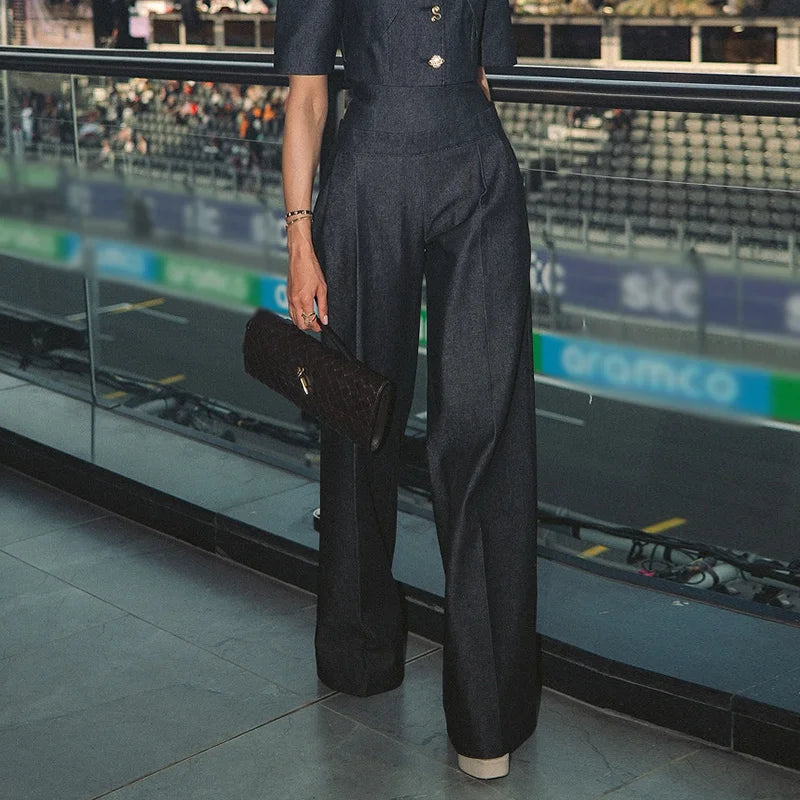 Button Front Collared Top & Wide Leg Pants Co-Ord Set | Tailored Two Piece Jumpsuit Style Outfit | Elegant Smart Casual Matching Set
