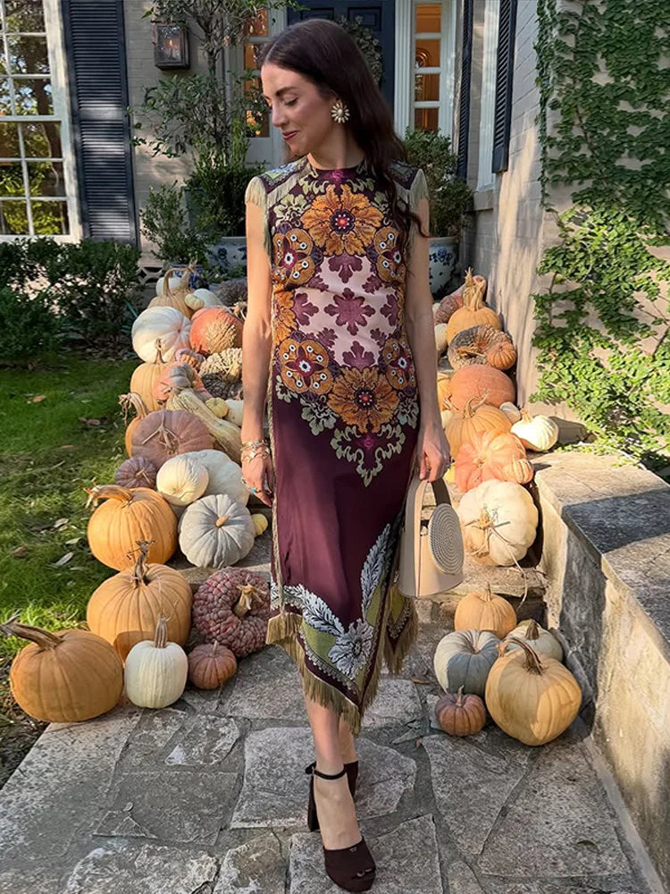 Boho Maxi Dress – Sleeveless High Neck Dress with Ornate Floral Print, Fitted Bodice and Flowing Floor-Length Silhouette for Vacations & Events