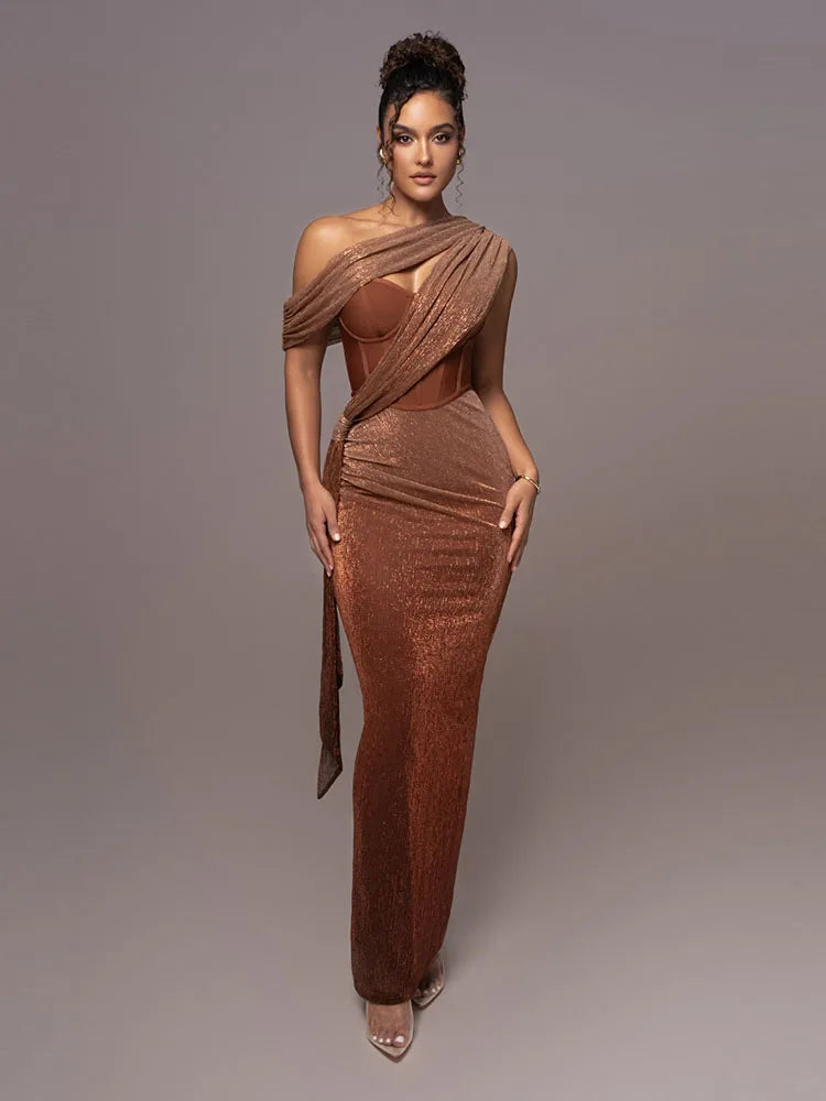 Ruched Metallic Maxi Dress – Asymmetrical One Shoulder Evening Gown with Draped Cutout Bodice, Fitted Silhouette and Floor-Length Skirt