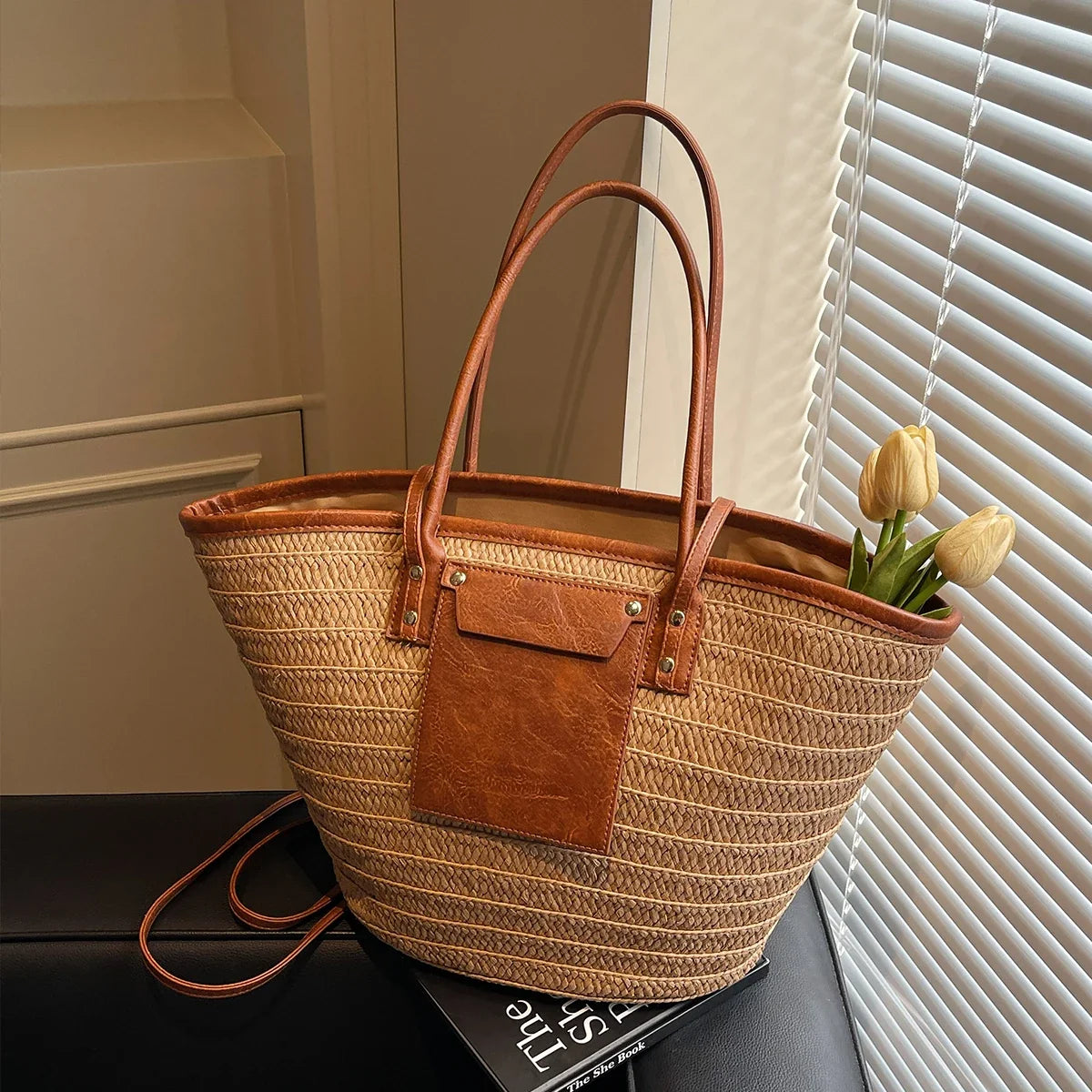 Straw Tote Bag, Woven Beach Handbag with Genuine Leather Accents, Large Summer Shoulder Bag with Long Handles & Crossbody Strap
