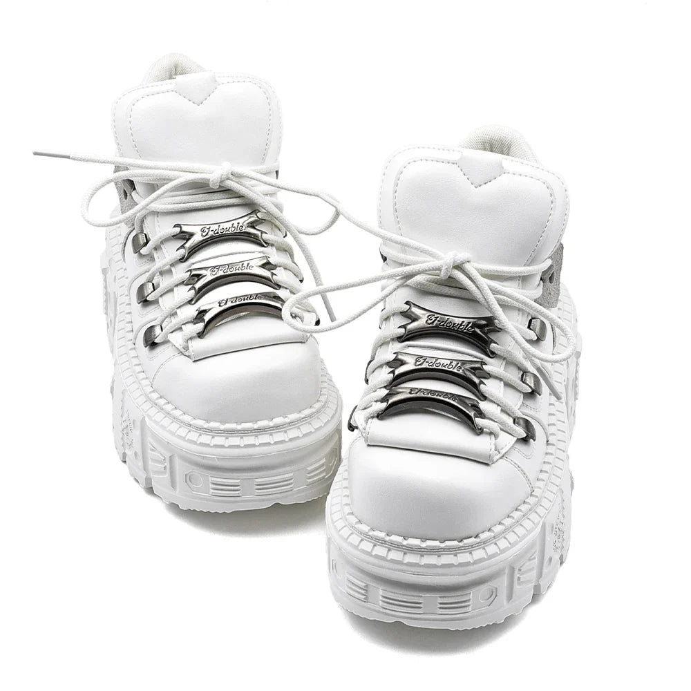 Women's White Platform Sneakers – Chunky Lace-Up Casual Walking Shoes, Goth Streetwear Platform Trainers for Everyday Fashion