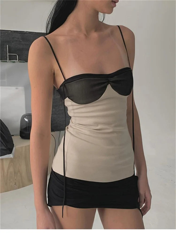 Ruched Mini Dress – Spaghetti Strap Bustier Dress with Contrast Bodice, Draped Waist and Figure-Hugging Silhouette for Date Nights & Parties