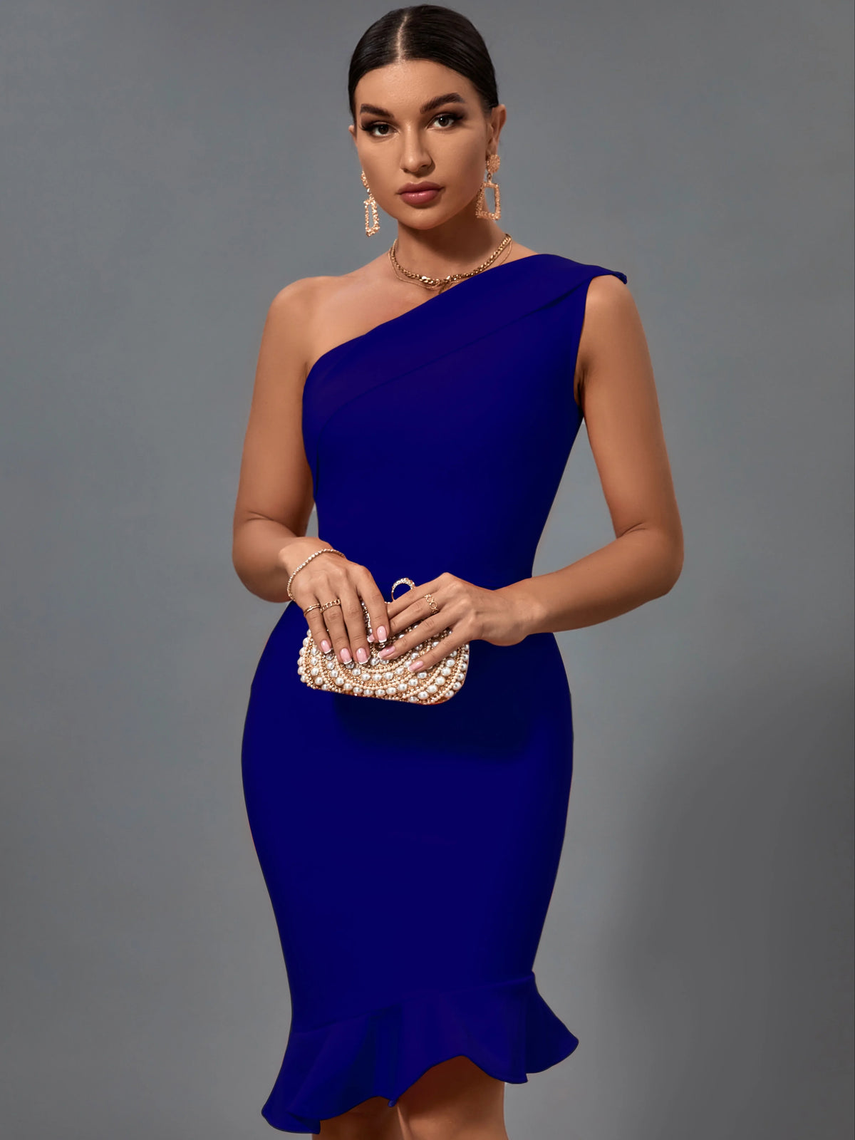 One Shoulder Bodycon Midi Dress – Asymmetrical Neckline Fitted Dress with Flared Hem for Cocktail Parties, Weddings & Evening Events