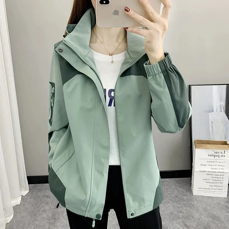 Hooded Windbreaker Jacket, Lightweight Zip-Up Outdoor Jacket with High Collar, Elastic Cuffs and Utility Pockets, Casual Activewear