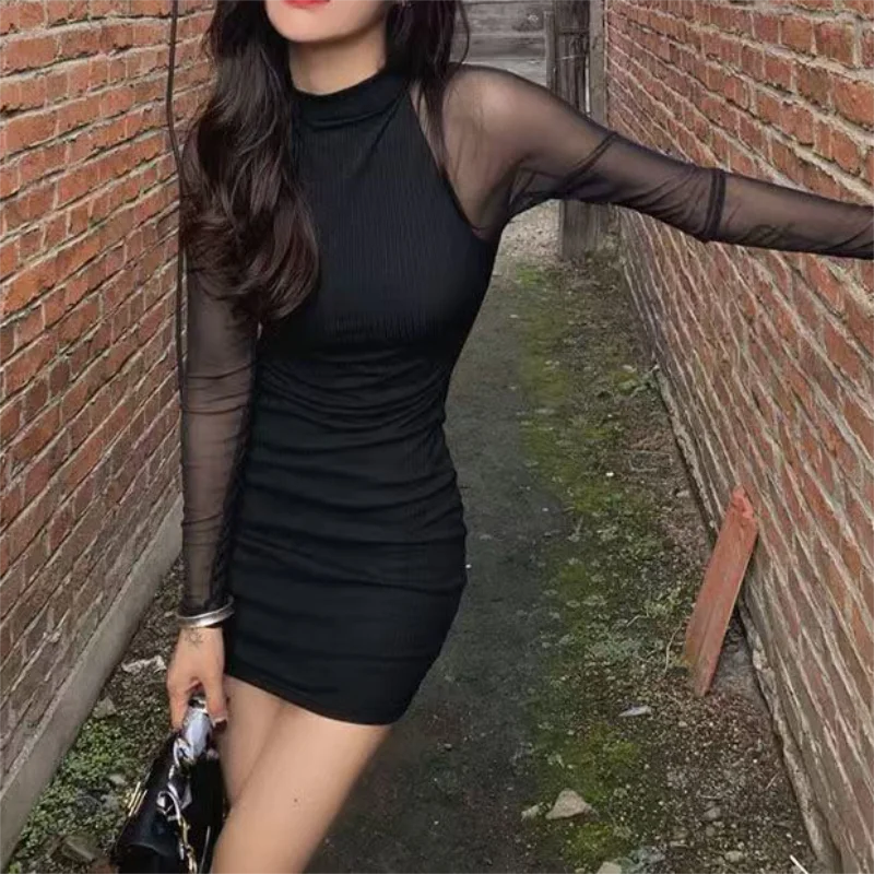 Sheer Sleeve Ruched Mini Dress – Mock Neck Bodycon Dress with Long Mesh Sleeves, Fitted Silhouette and Gathered Waist