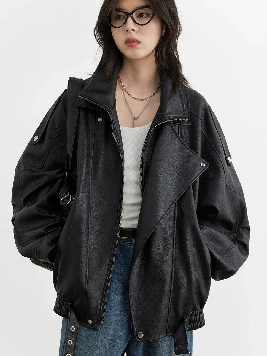 Oversized Faux Leather Biker Jacket, Zip-Up Moto Jacket with Wide Lapels and Elasticated Hem, Edgy Casual Streetwear Outerwear