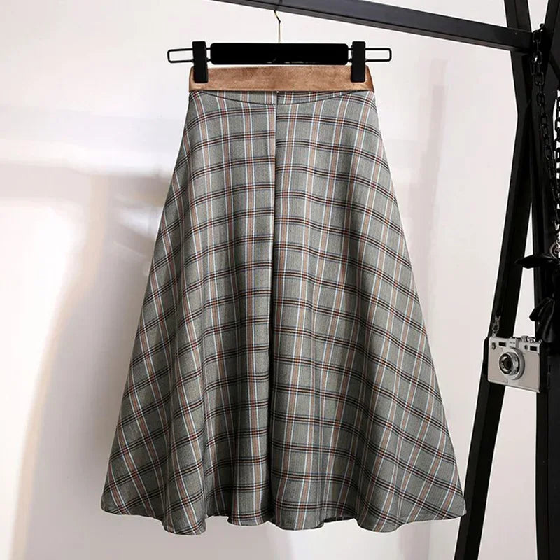 High Waisted Plaid A Line Midi Skirt Pleated Tartan Skirt Belted Flared Skirt Preppy Vintage Inspired Casual Wear
