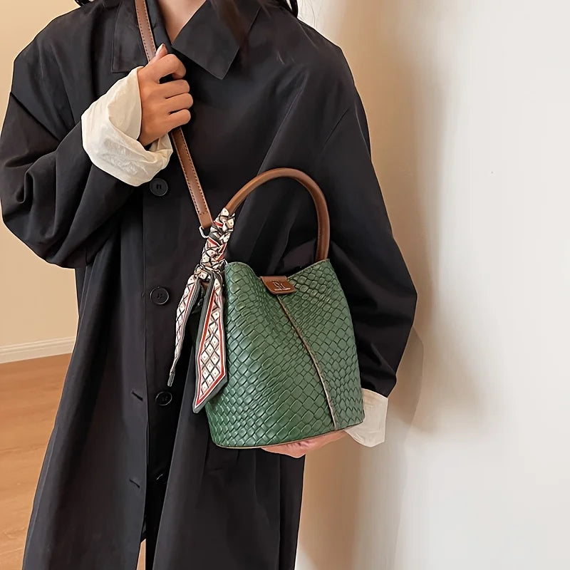 Mini Bucket Handbag, Textured Leather-Look Top Handle Purse with Adjustable Shoulder Strap, Elegant Compact Crossbody Bag for Dates & Everyday Use