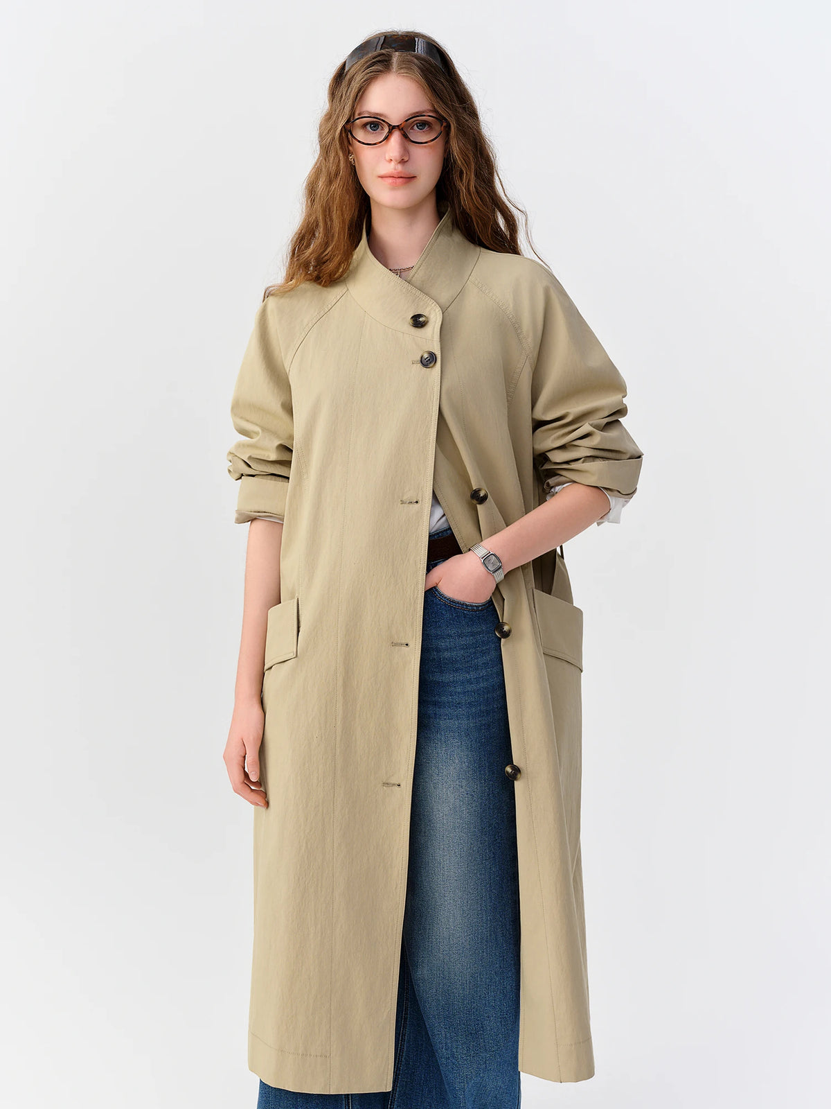 Belted Long Trench Coat, Minimalist Button Front Coat with Stand Collar and Oversized Fit, Elegant Classic Transitional Outerwear