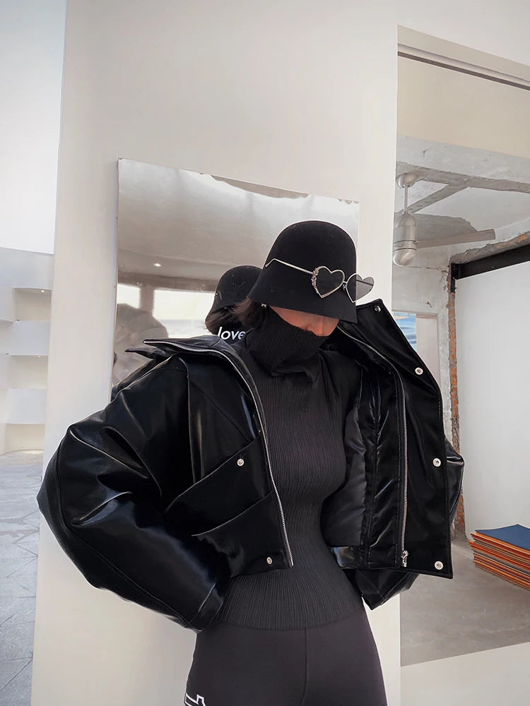Oversized Faux Leather Jacket, Cropped Zip-Up Moto Jacket with Wide Lapels and Snap Buttons, Edgy Streetwear Outerwear