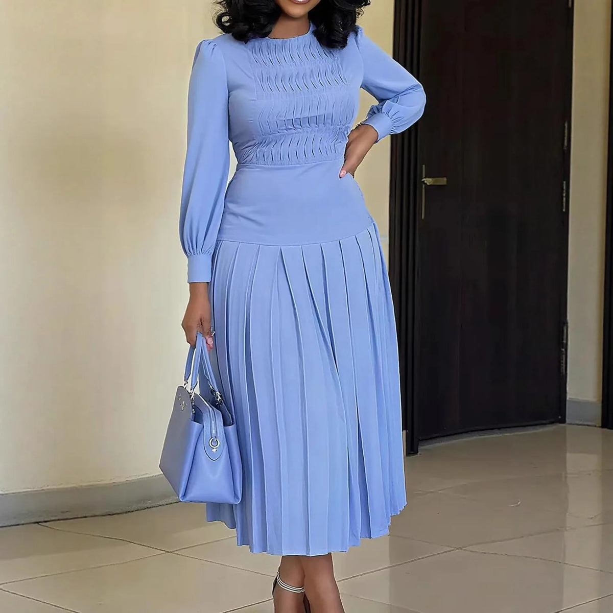 Pleated Knit Midi Dress – Long Sleeve Sweater Dress with High Neck, Textured Bodice, Defined Waist and Elegant Pleated Skirt