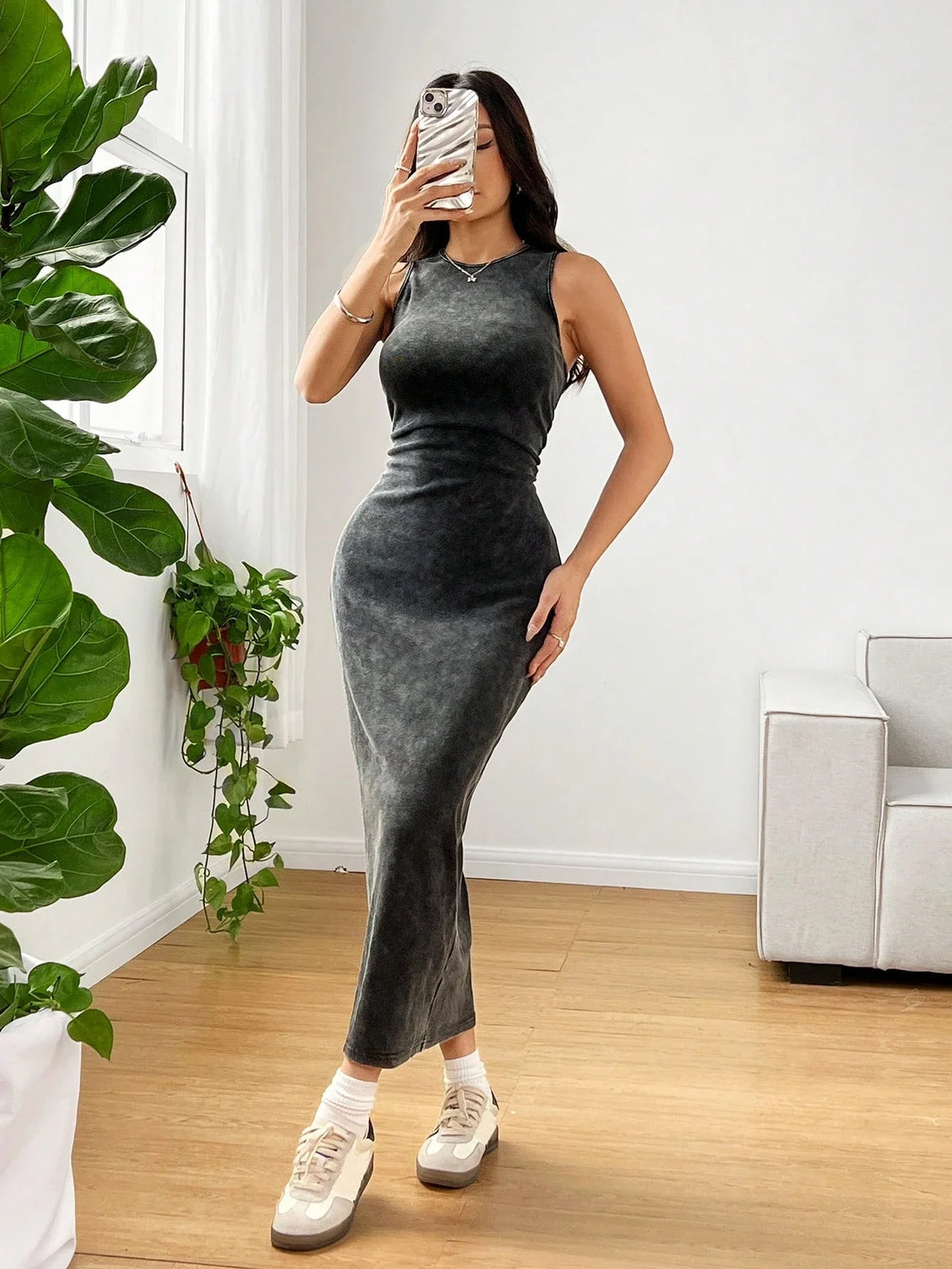 Ribbed Midi Dress – Sleeveless High Neck Bodycon Dress with Fitted Silhouette, Stretch Knit Texture and Elegant Midi Length for Casual Outings