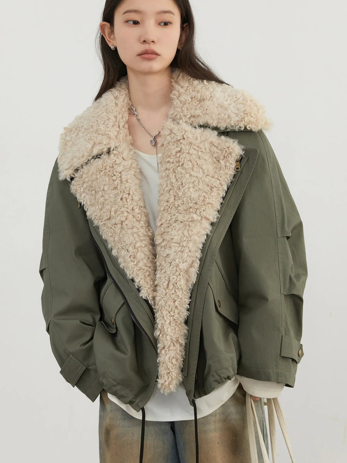 Faux Shearling Collar Jacket, Cropped Utility Aviator Jacket, Relaxed Fit Zip-Up Winter Outerwear