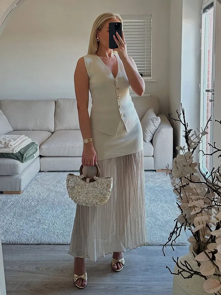 Sleeveless Button Front Vest & Pleated Maxi Skirt Co-Ord Set | Elegant Two Piece Outfit | Chic Casual Formal Matching Set