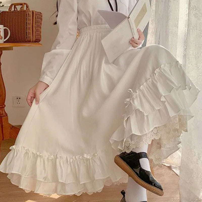 High Waisted Pleated Maxi Skirt Ruffle Hem Long A Line Skirt Layered Gothic Vintage Inspired Full Length Casual