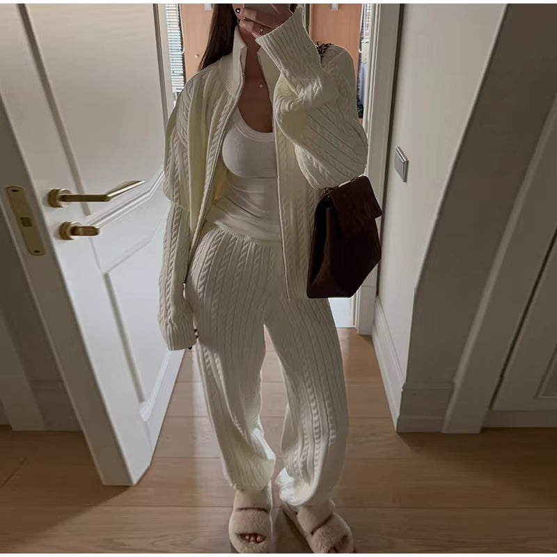 Cable Knit Sweater &amp; Wide Leg Pants Co-Ord Set | Oversized Two Piece Knit Outfit | Cozy Fall &amp; Winter Lounge Matching Set
