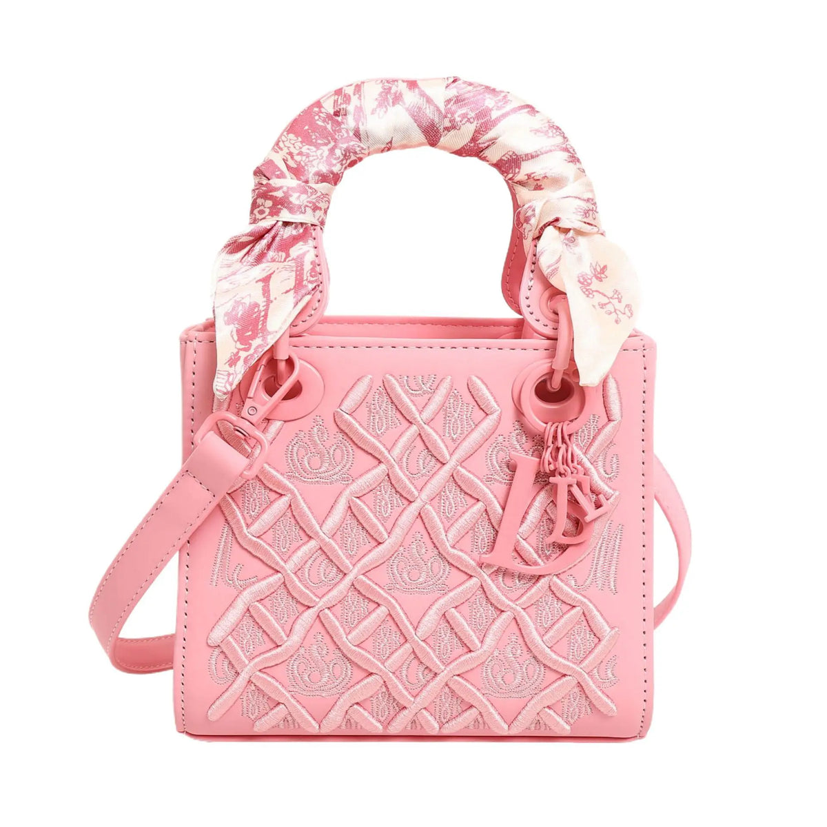 Mini Top Handle Handbag, Embroidered Leather Crossbody Bag, Light Blue Shoulder Purse with Scarf-Wrapped Handle & Long Strap