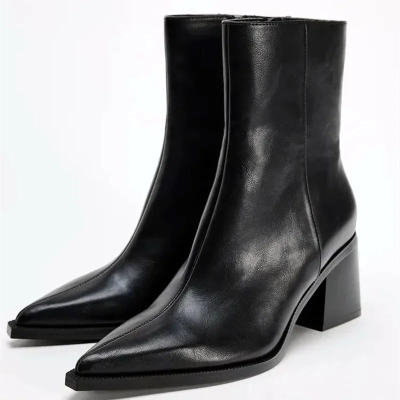 Pointed Toe Ankle Boots | Chunky Block Heel Booties | Minimalist Zip-Up Dress Boots