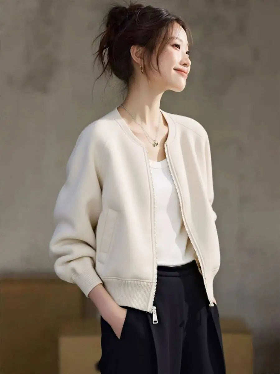 Minimalist Bomber Jacket, Zip-Up Jacket with Ribbed Trim and Relaxed Fit, Chic Casual Layering Outerwear for Fall