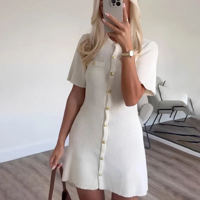Knit Mini Dress – Short Sleeve Button Front Dress with Collared Neckline, Patch Pockets and Relaxed A-Line Silhouette for Casual & Summer Wear