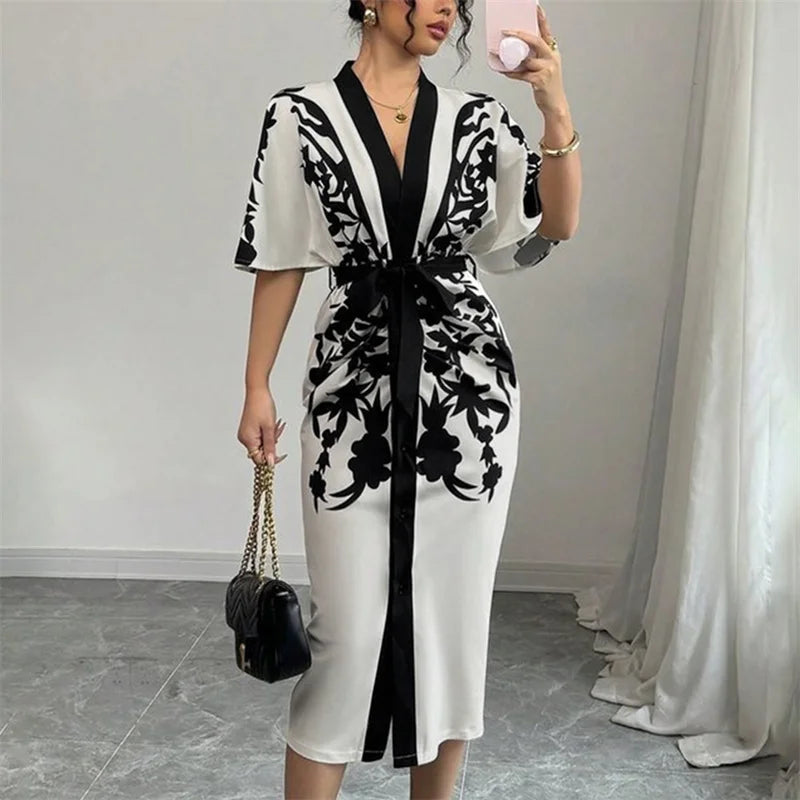 Printed Wrap Midi Dress – V-Neck Short Sleeve Dress with Tie Waist, Contrast Pattern and Straight Silhouette for Parties & Events