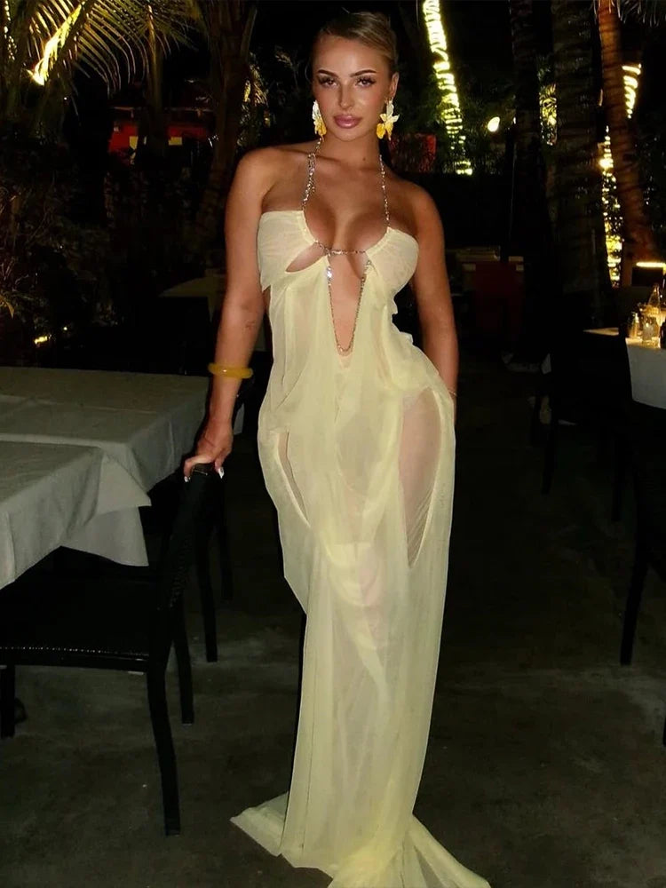 Lace-Up Maxi Dress – Plunge Neck Mermaid Gown with Sheer Cutout Bodice and Flowing Floor-Length Skirt for Weddings & Formal Events