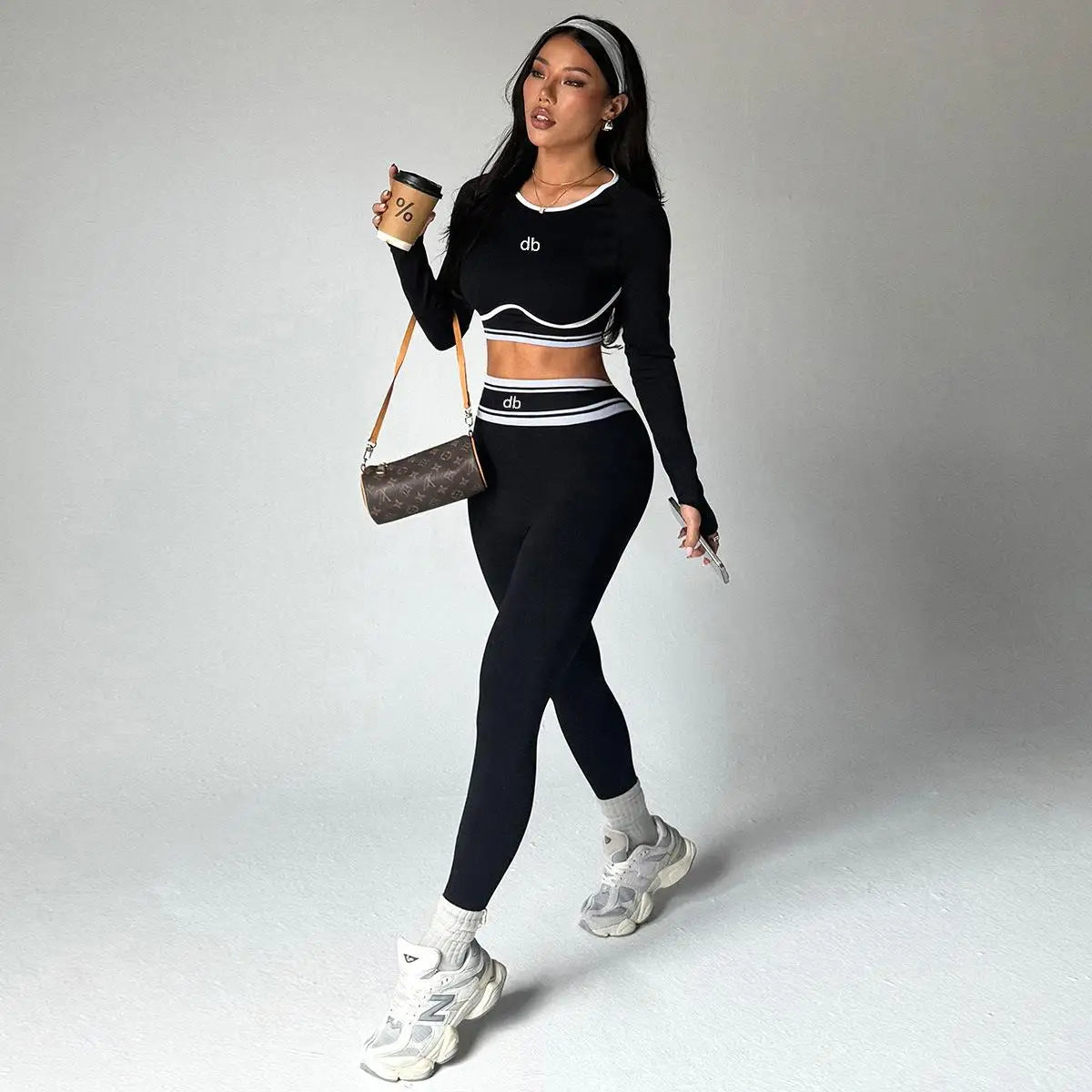 Long Sleeve Crop Top & High Waist Leggings Co-Ord Set | Fitted Two Piece Activewear Outfit with Contrast Trim | Chic Casual & Workout Set