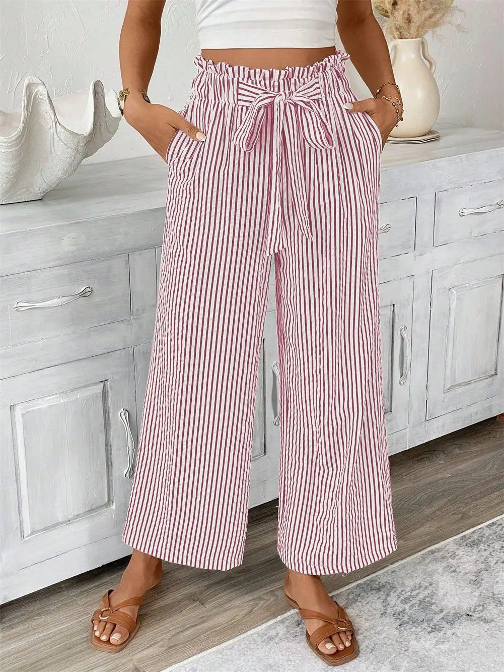High Waisted Wide Leg Pants Chevron Print Drawstring Trousers Relaxed Fit Flowing Casual Boho Lounge Bottoms