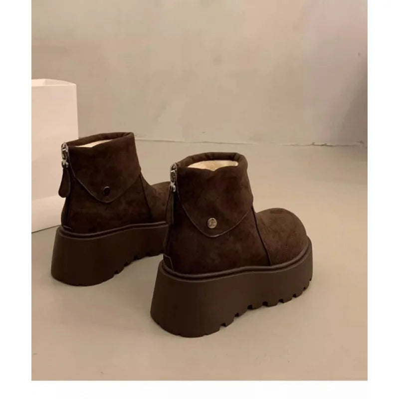 Women's Platform Ankle Boots – Cozy Faux Suede Winter Boots with Plush Lining, Chunky Platform Sole & Back Zipper