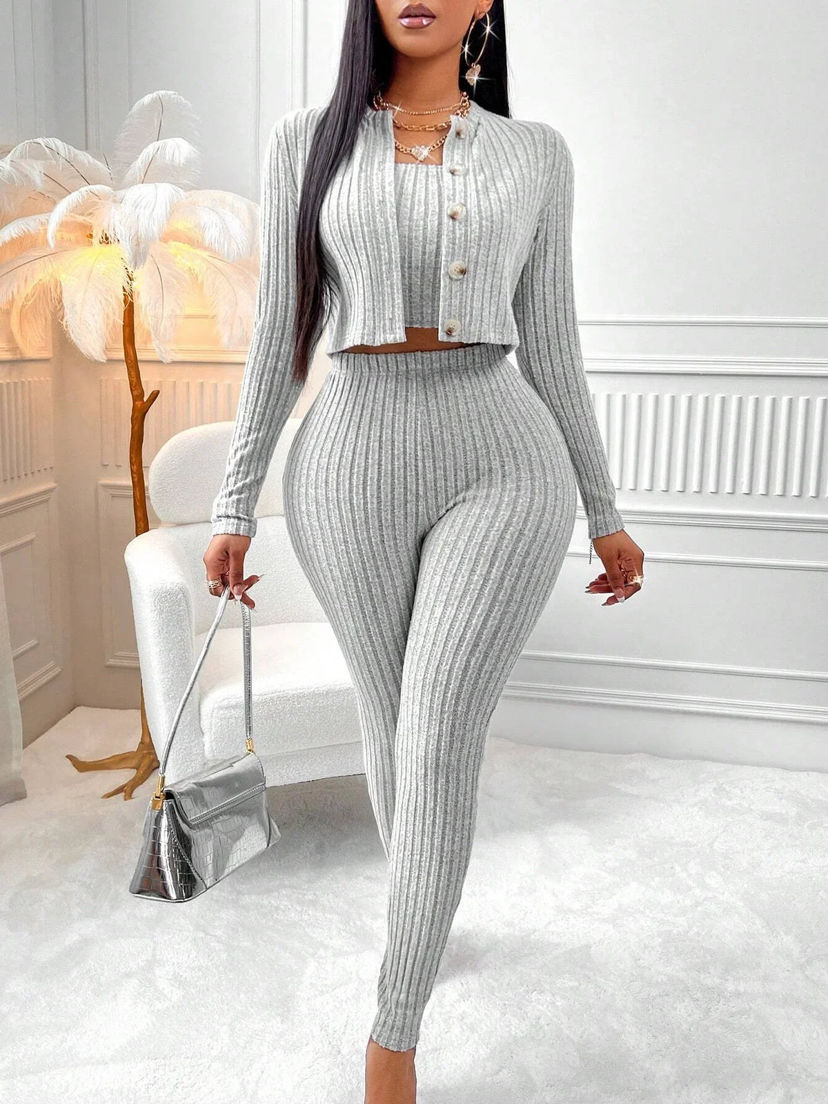Ribbed Crop Cami Top & Wide Leg Pants Co-Ord Set with Cardigan | Three Piece Knit Matching Outfit | Chic Casual Loungewear