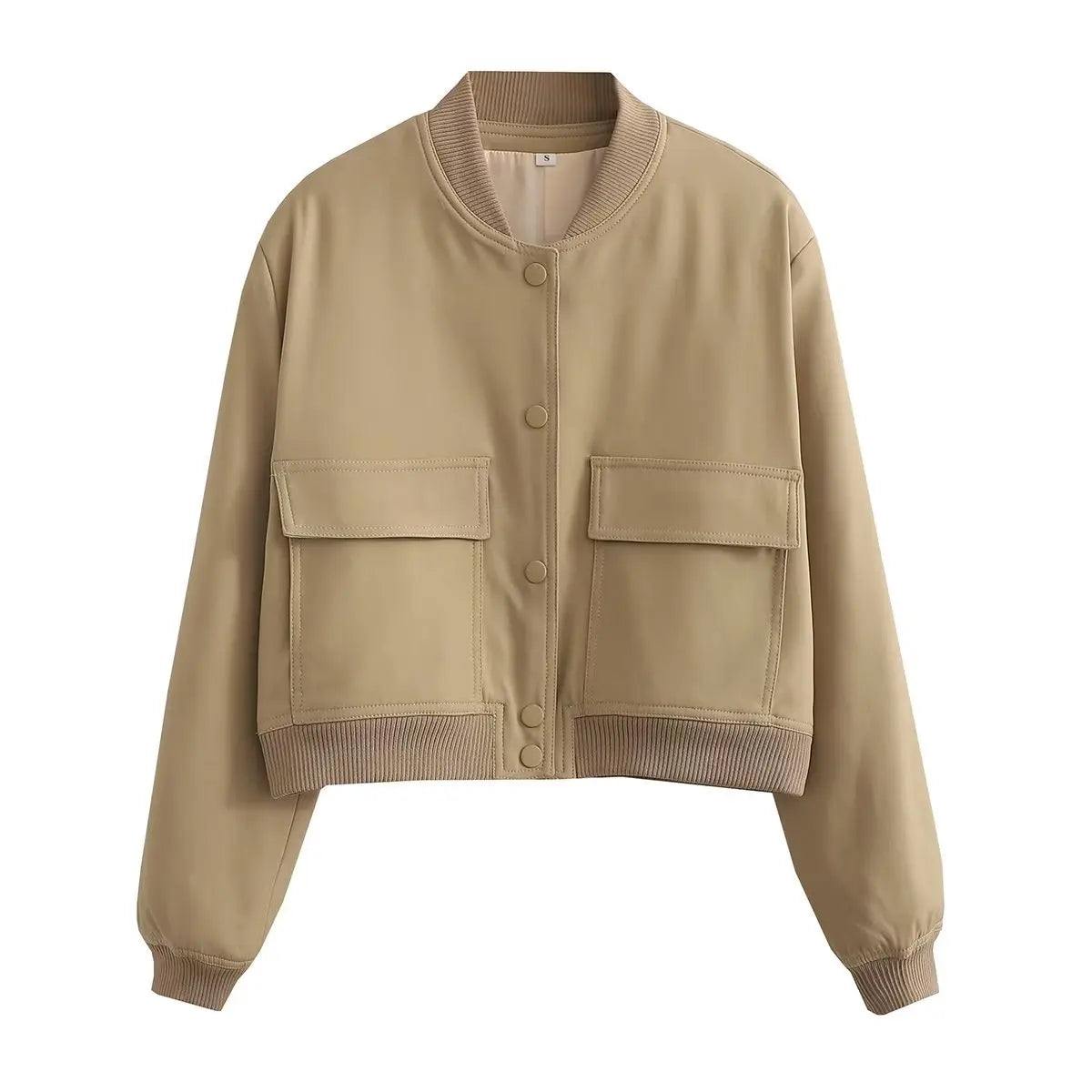 Women's Cropped Bomber Jacket, Minimalist Stand Collar Utility Jacket, Long Sleeve Casual Lightweight Outerwear
