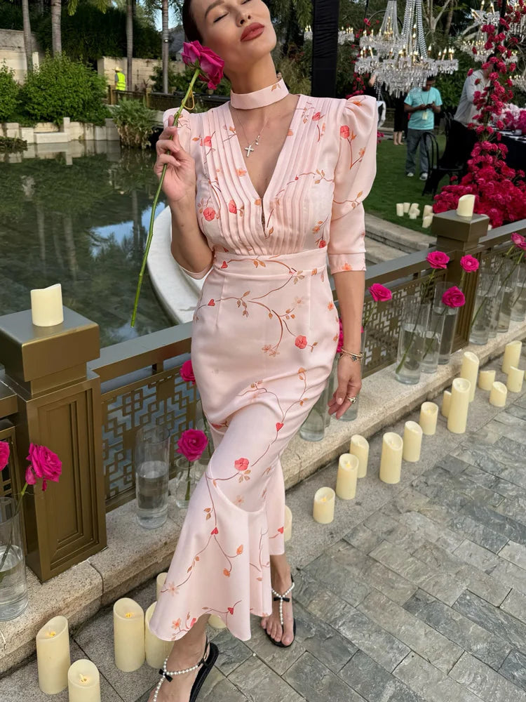 Floral Midi Dress – V-Neck Long Sleeve Wrap Dress with Tie Waist, Pleated Bodice and Front Slit for Weddings, Brunch & Special Events