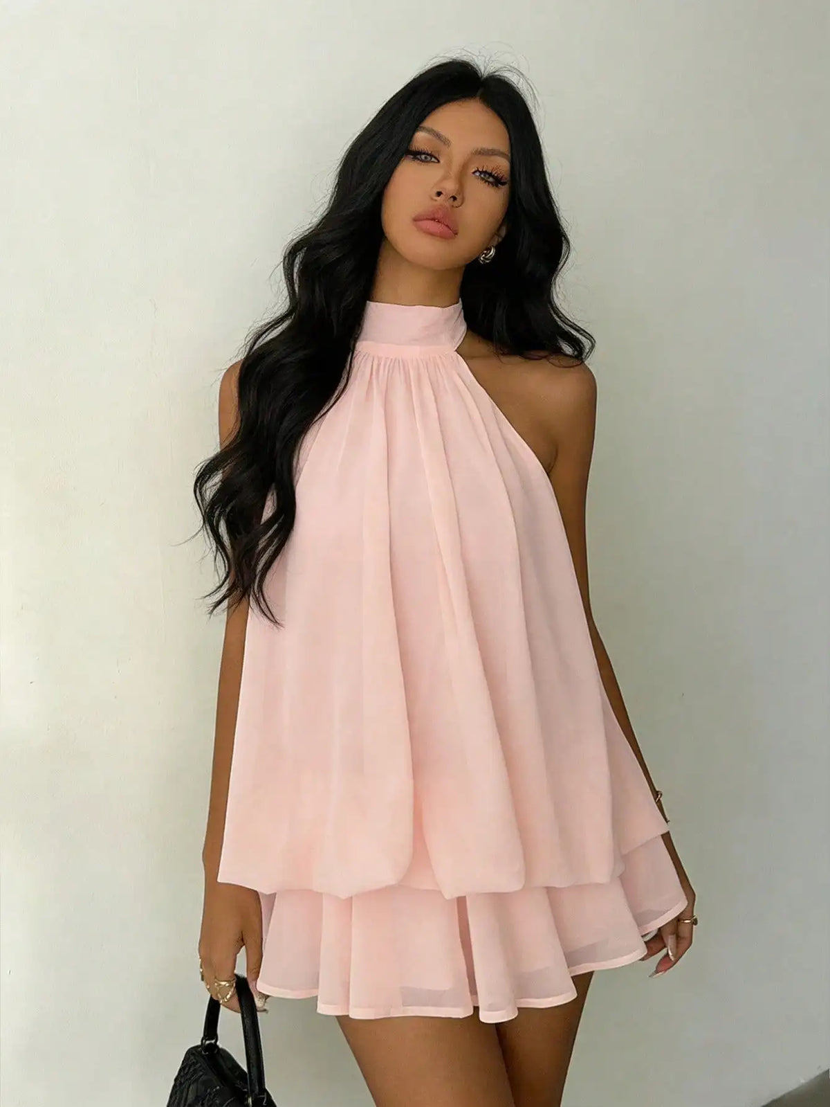 Pleated Mini Dress – High Neck Sleeveless Dress with Layered Ruffle Skirt, Flowing A-Line Silhouette and Elegant Drape for Parties & Events