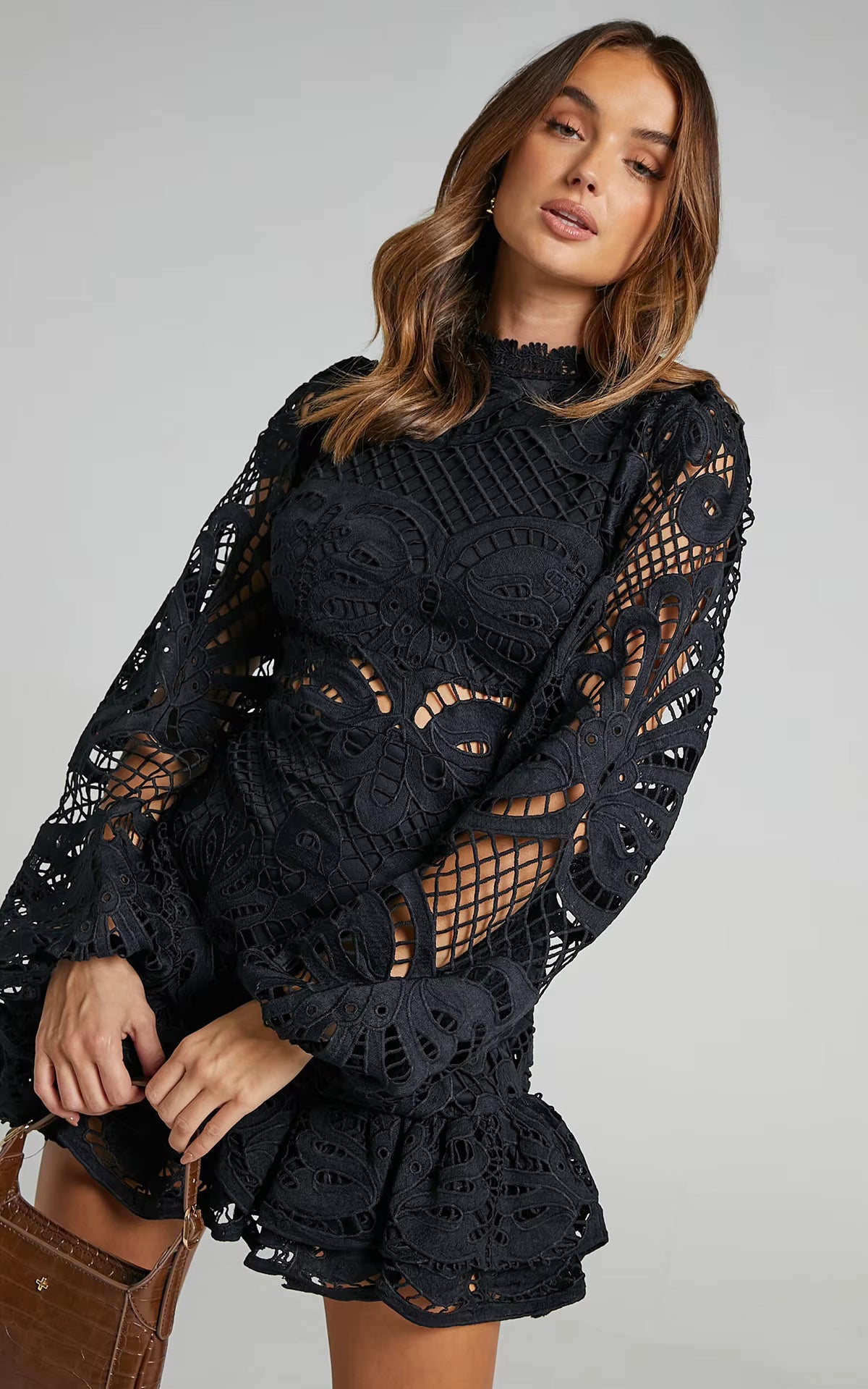 Lace Mini Dress – Long Sleeve Crochet Dress with High Neckline, Intricate Cutout Embroidery, Fitted Waist and Ruffle Hem