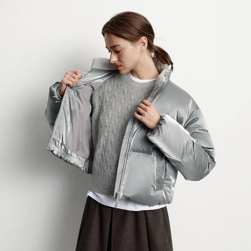 Cropped Puffer Jacket, Hooded Quilted Jacket with Snap Front and Relaxed Fit, Lightweight Casual Winter Outerwear